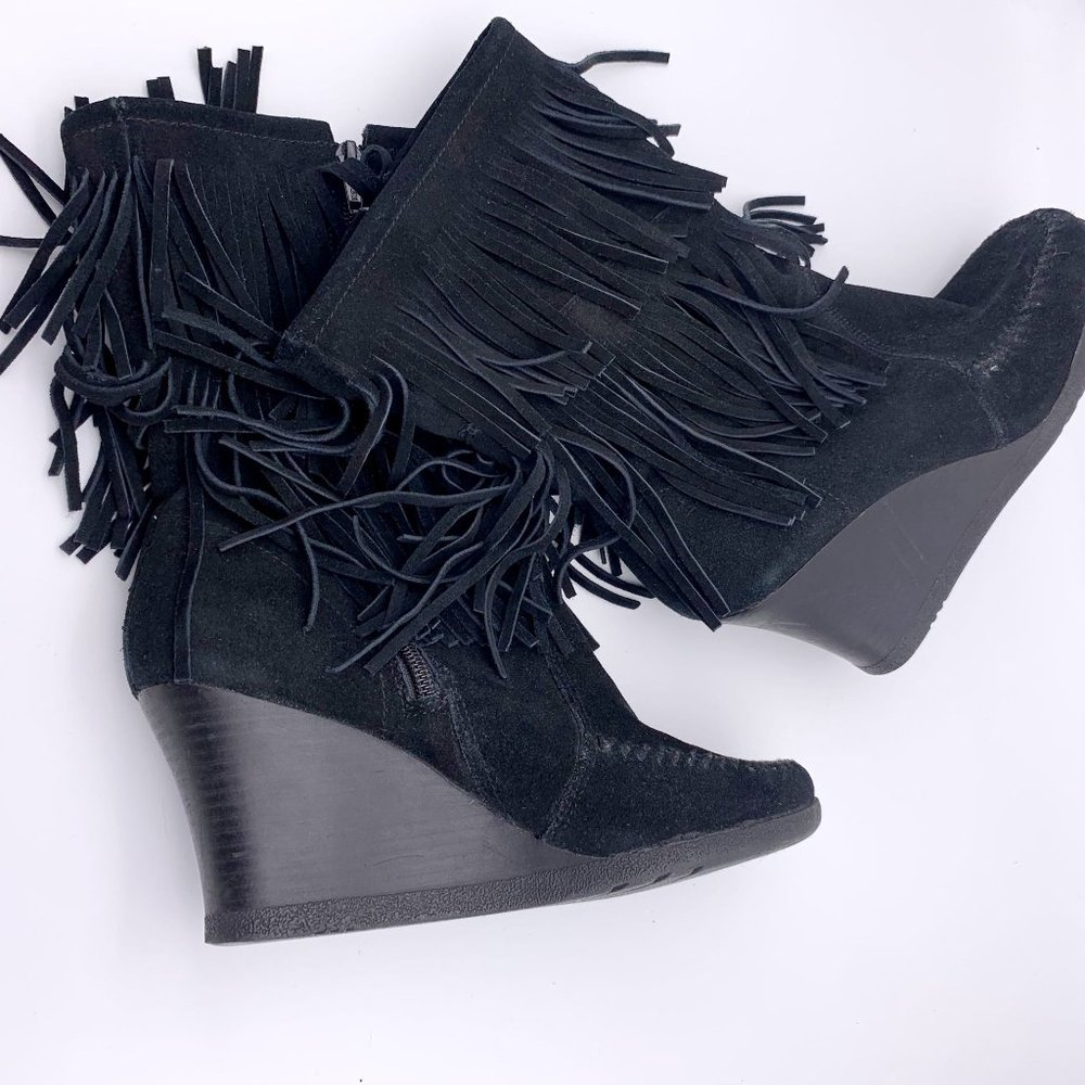 Minnetonka Leather Double Fringe Wedge Black Moccasin Boots Size 8